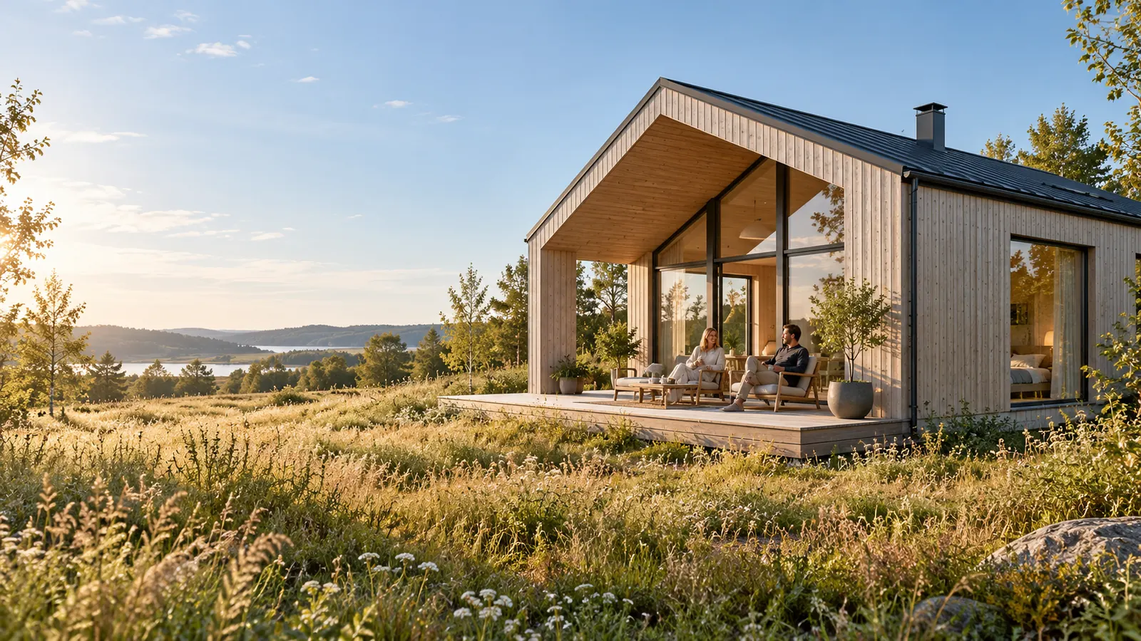 Timber house with a terrace in a meadow landscape by the water