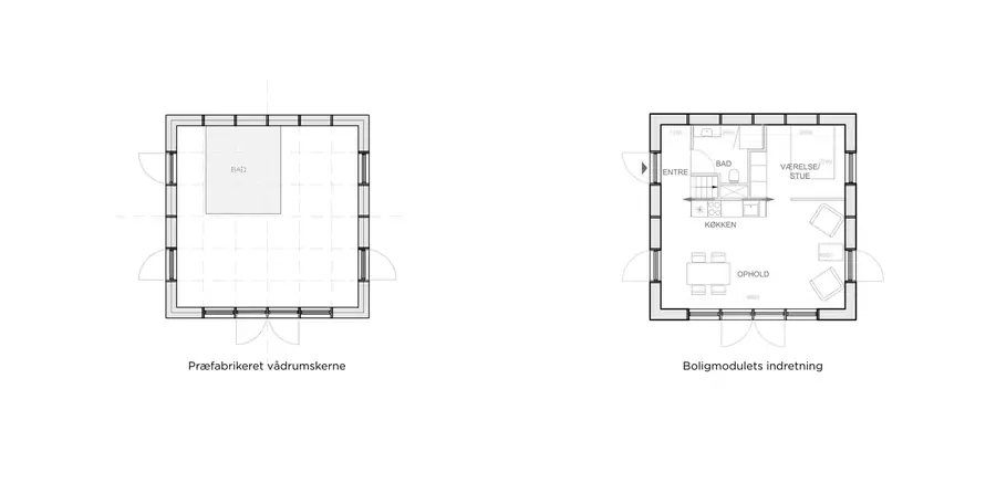 Plan of the basic module with the bathroom block