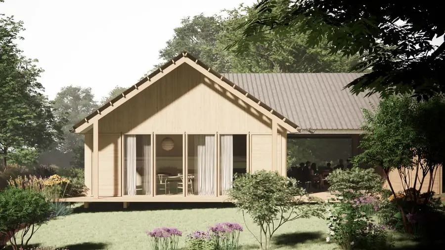 Group of three timber modules around terraces