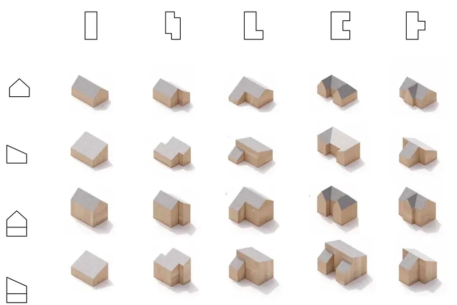 Catalogue: five footprints, two roof profiles, one or two storeys