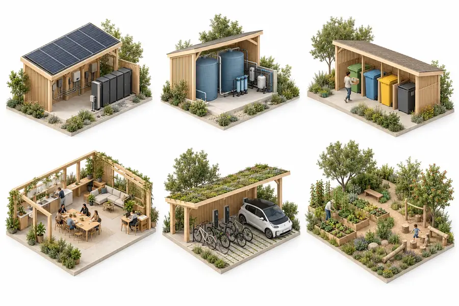 Shared space of the settlement with a garden and kitchen