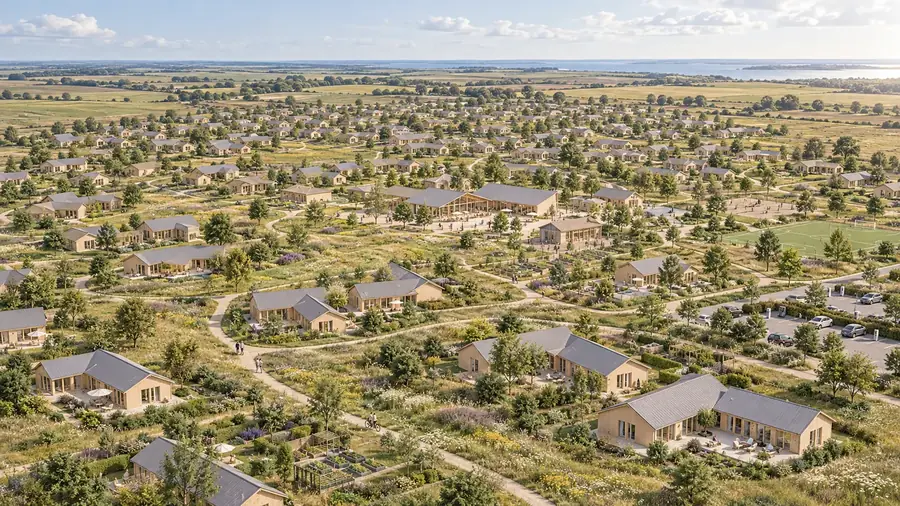 Single-storey timber village among meadows